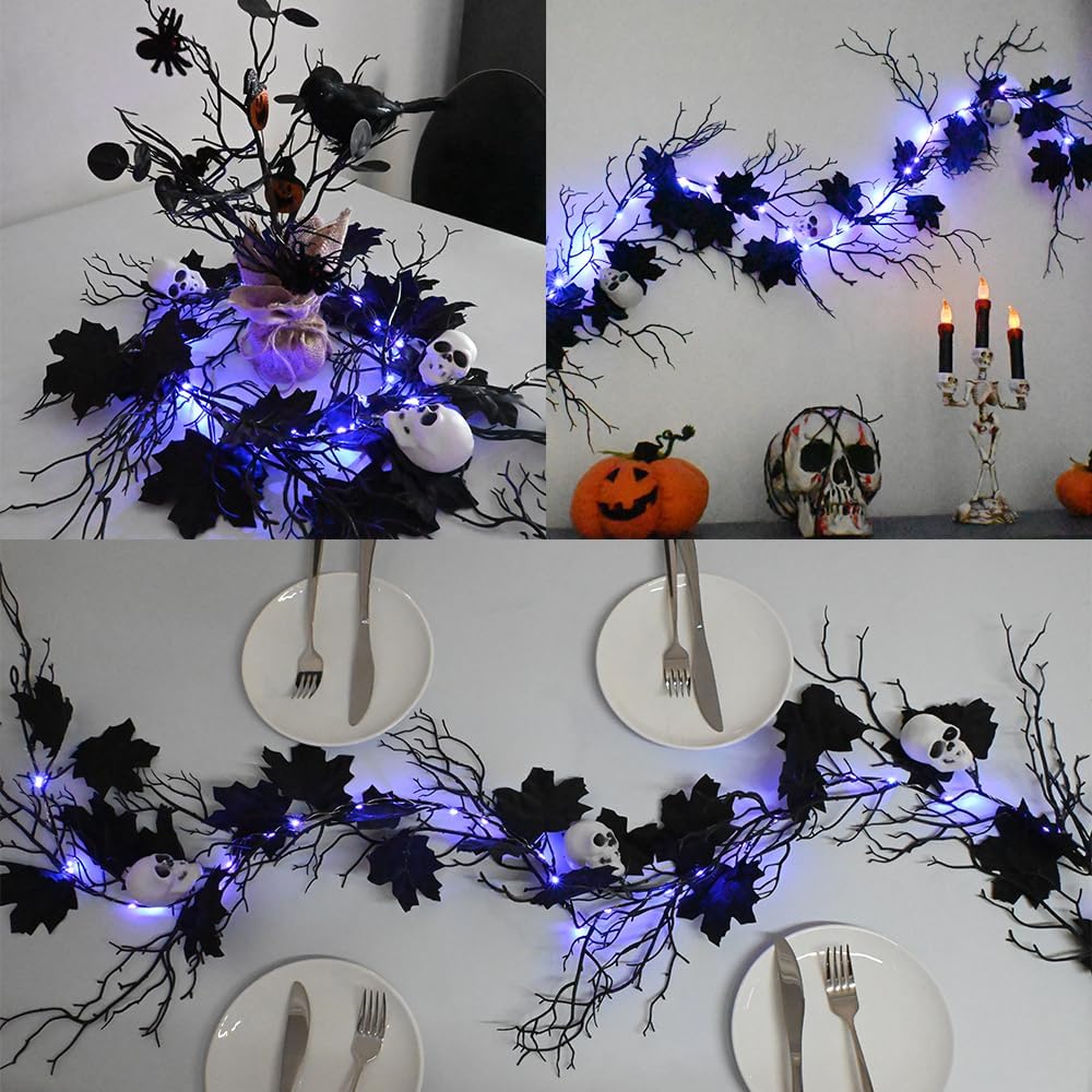 Halloween Black Garland with Timer 2 Pack 6 Feet Dead Branch Garland Lights with Maple Leaves and Skull Battery Operated Black Branch Garlands for Fall Halloween Mantle Wall Home Christmas Decoration