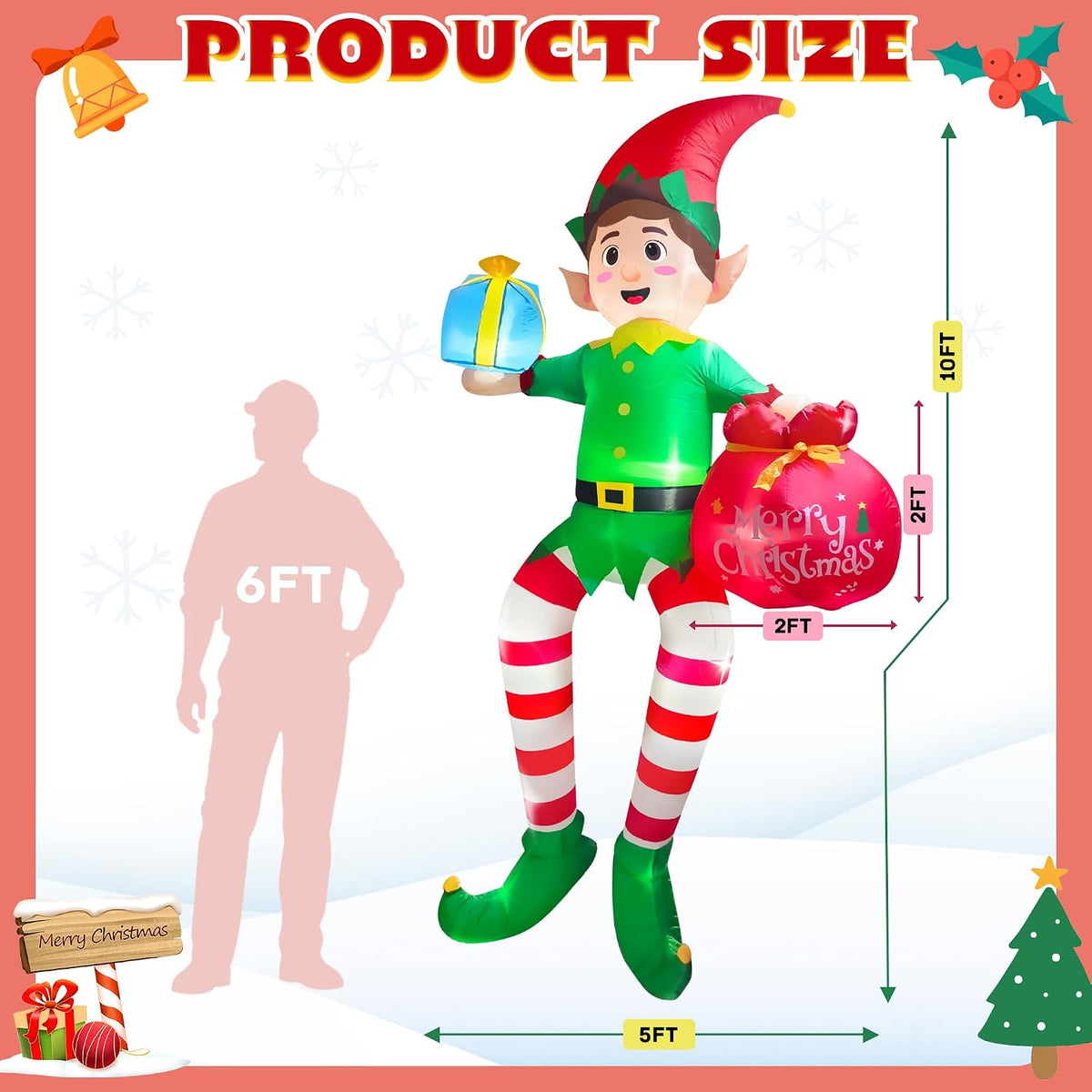 10FT Christmas Inflatable Outdoor Decoration, Sitting Elf Holding Gift Bag Christmas Blow up Yard Decorations with Built-in LEDs, Buddy the Elf Inflatable for Lawn Garden Roof Xmas Roof Decor