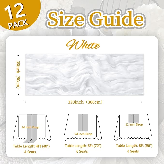 12 Pack White Cheesecloth Table Runner 10ft Boho Gauze Fabric Cheese Cloth Table Runner 35 x 120 Inch Rustic Sheer Runner for Romantic Wedding Decor Baby Shower Party Table Centerpiece Decoration