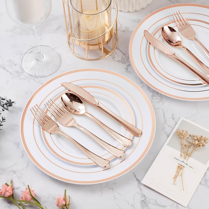 600PCS Rose Gold Plastic Plate Set (100 Guests), Plastic Plates for Party Wedding Birthday, Disposable Dinnerware Set of 200 Plates, 200 Forks, 100 Spoons, 100 Knives for Christmas