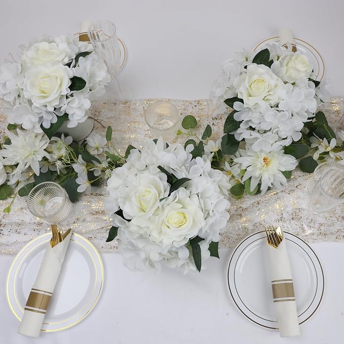 Flower Table Centerpieces - Set of 6 Floral Arrangement Artificial Wedding Hydrangeas Floral Arrangement with Rustic Metal Vase for Bridal Tea Party Event Decorations - White