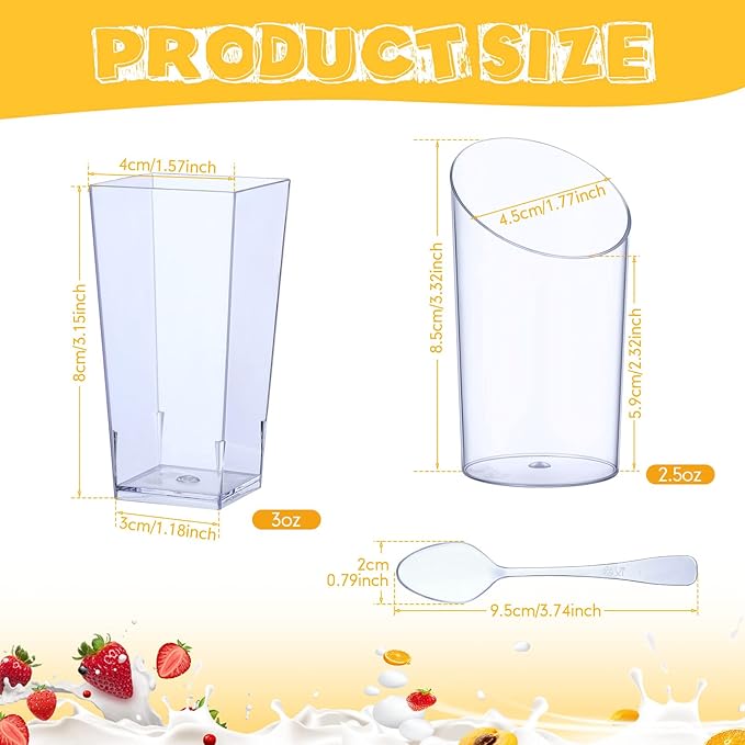 Nuogo 100 Pcs Mini Dessert Cups with Spoons Include 3 oz Square Plastic Appetizer Cups 2.5 oz Slanted Round Parfait Shooter Cup Small Clear Mousse Pudding Cup for Wedding Baby Shower Birthday Party (200 Pcs)