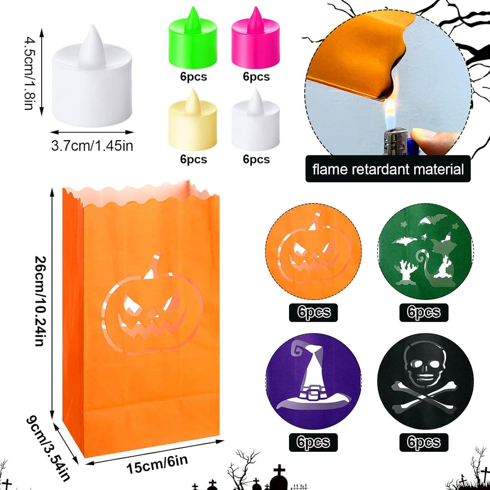 Meanplan 48 Pcs Halloween Luminary Bags with LED Light Candles Set, Novel