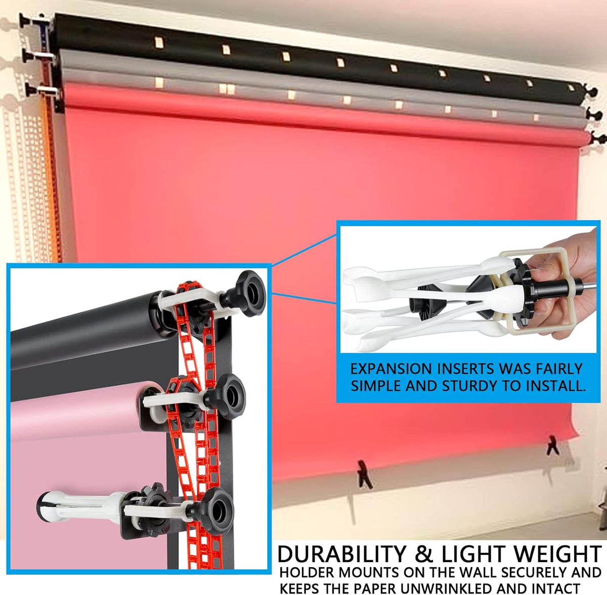 photography backdrop wall mount 3 roller support system, close-up detail
