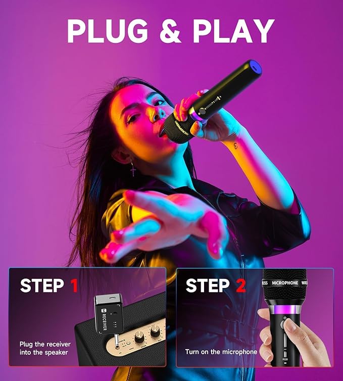 Wireless Microphone, Rechargeable Wireless Microphones with One-to-One Chip Connection and LED Lights, 40H Duration, 200FT Range Receiving, Less Latency Karaoke Microphone for Singing, Speech, Party