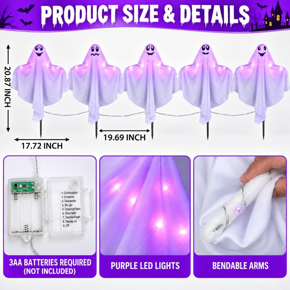 5 Pack Halloween Decorations Outdoor Lighted Ghost Stakes, Spooky Glowing Pur...