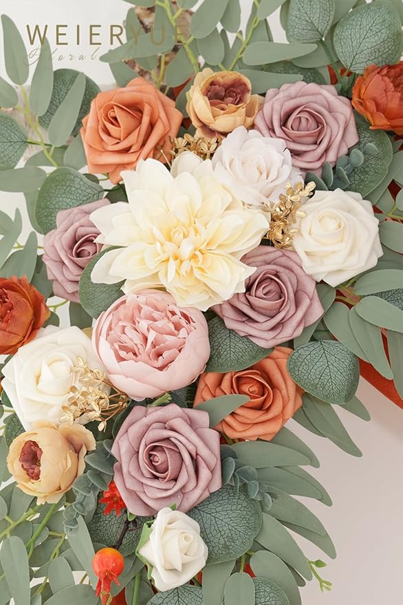 Artificial Wedding Arch Flowers Kit(Pack of 3),2Pcs Artificial Flower Arch Decor,1Pcs Sheer Drape for Wedding Ceremony Arbor for WeddingCeremony (Burnt Orange Wedding)