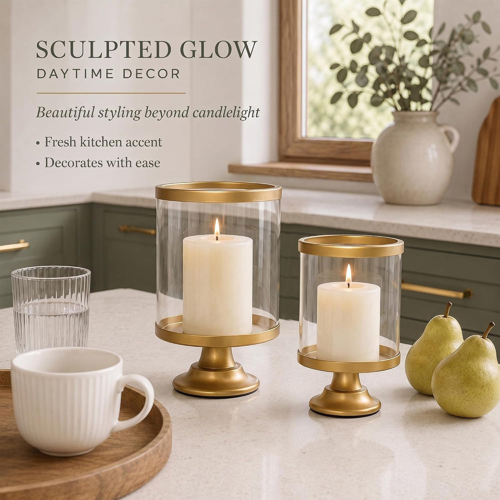 Gold Hurricane Candle Holder Set of 2 with Glass Cylinder for Pillar Candle