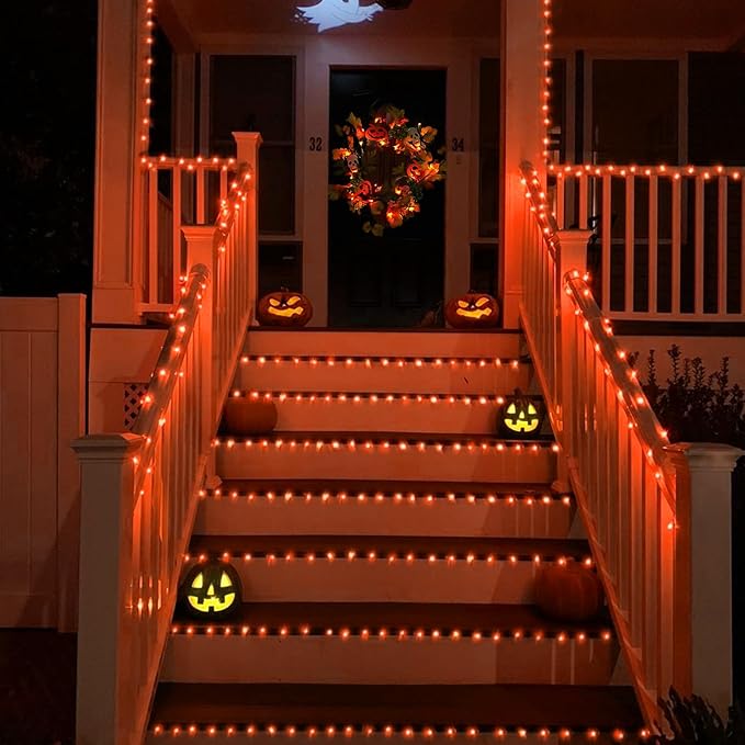 YEGUO 165ft 500 LED Halloween Lights Outdoor Waterproof, 8 Modes Orange String Lights Plug in, Green Wire Christmas Lights Indoor with Timer Memory