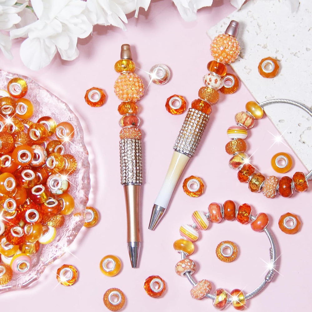 500 Pieces Large Hole Beads, Assorted European Craft Beads Orange Big Hole Fa...