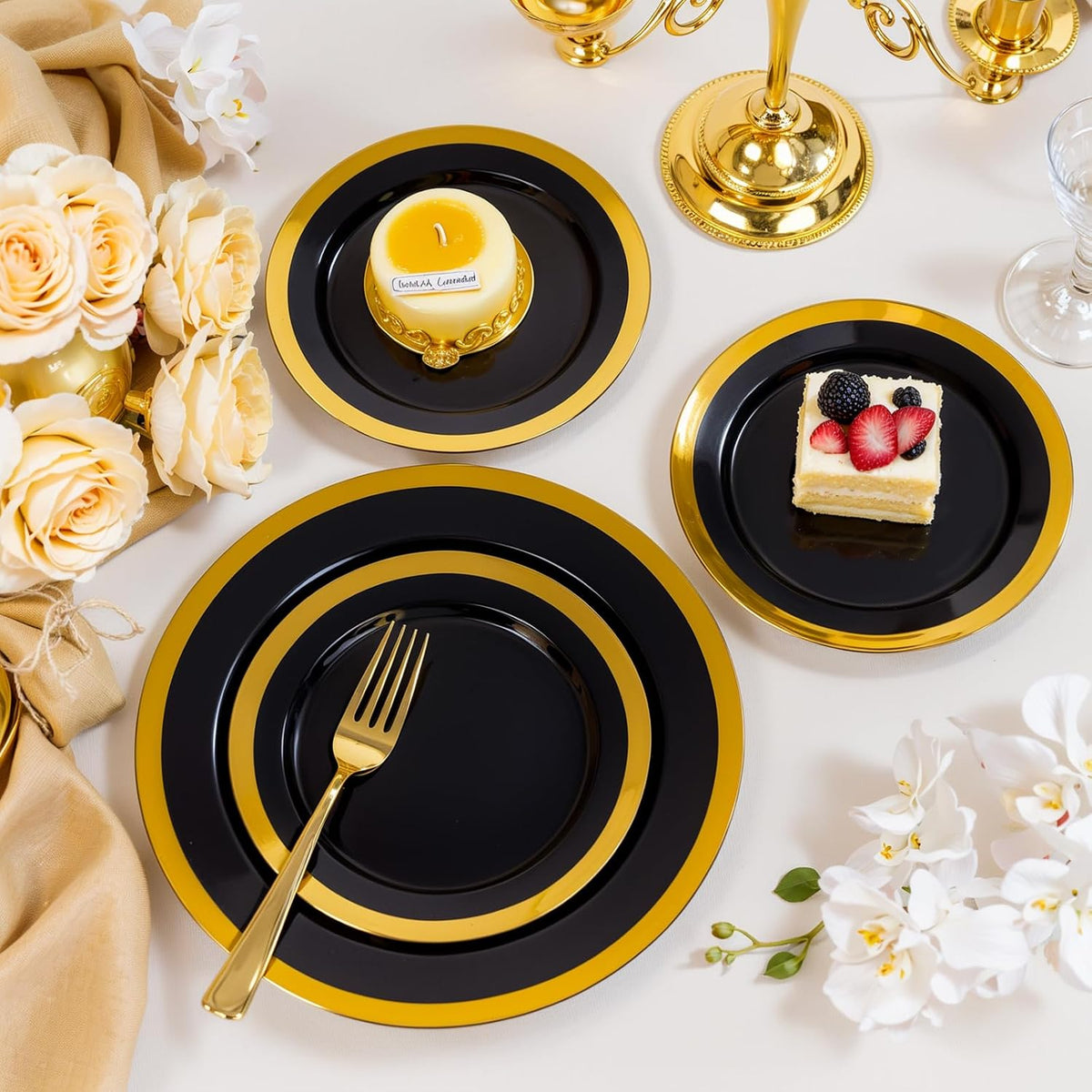 supernal 120-Pack Black and Gold Plastic Plates, 60 Guests Disposable Dinnerware Set (10.25" & 7.5"), Heavy Duty Elegant Party Plates for Graduation 2026, Wedding & Birthday