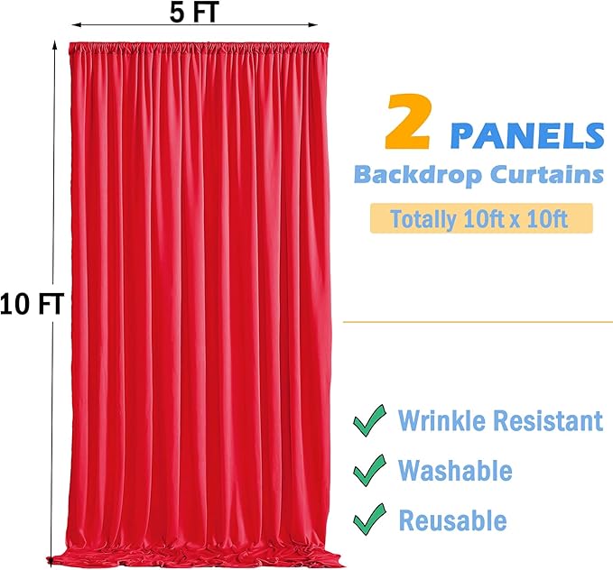 10x10ft Wrinkle Free Red Backdrop Curtains for Parties, 2 Panels 5x10ft Silky Polyester Photo Backdrop Drapes Back Drop Cloth for Wedding Birthday Photography Baby Shower Background Decor