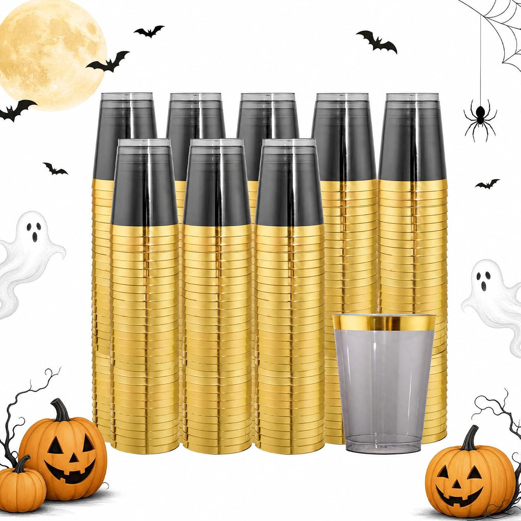 supernal 10 oz Black and Gold Plastic Cups for Holiday & Parties