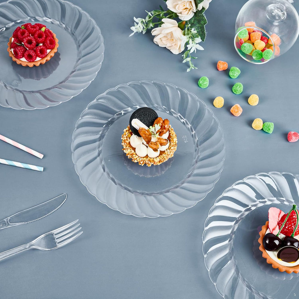 FOCUSLINE 100 Count Clear Plastic Plates, 9 Inch Disposable Dinner Plates