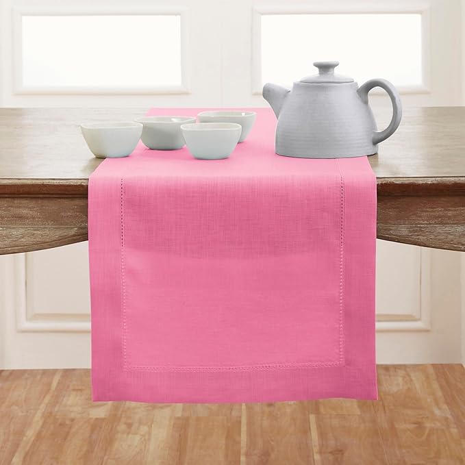 Solino Home Linen Flamingo Pink Table Runner 132 Inches Long - 100% Pure Linen Extra Long Table Runner 14 x 132 Inch for Halloween - Classic Hemstitch
