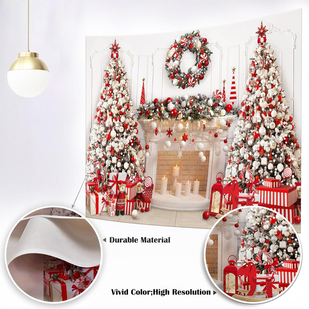 Mocsicka Christmas Fireplace Backdrop, White Red Tree, 10x7ft