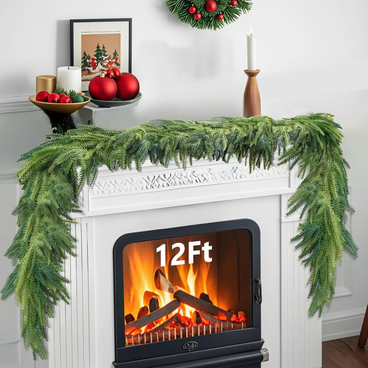12FT Norfolk Pine Christmas Garland for Mantle Fireplace Table Stair