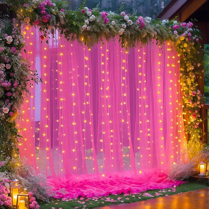 10×10ft Hot Pink Tulle Backdrop Curtain with Lights String for Parties, Sheer Photo Backdrop Curtains for Wedding Party Photography Background