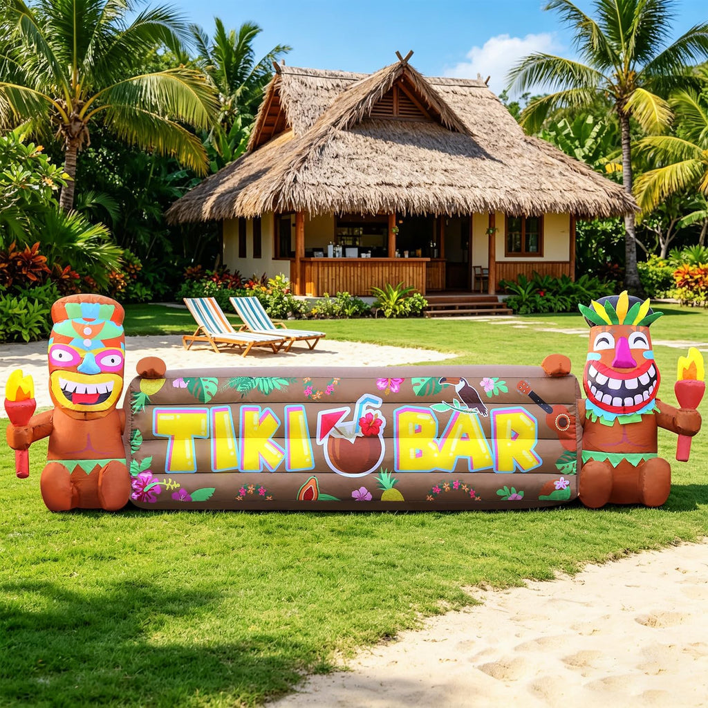 domkom 7ft tiki luau inflatables, two tiki inflatables shown in use