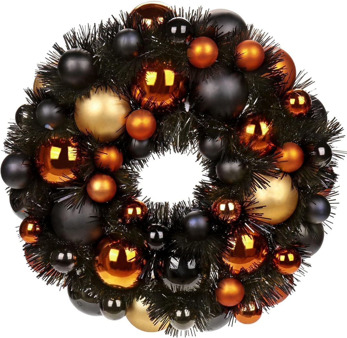 Halloween Black Ball Wreath 13" Xmas Wreaths Ornaments Glitter Thicken Shatterproof Garland Decoration for Door Wall Mantel Christmas Holiday Party Decor, Orange & Black & Gold