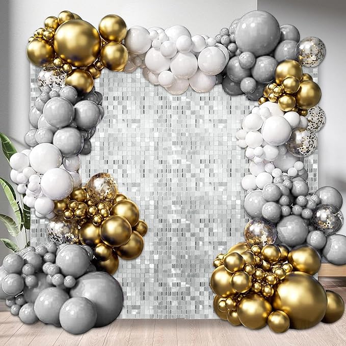 12PCS Silver Shimmer Wall Backdrop, Square Sequin Photo Backdrops Panel, Glitter Wall Background for Birthdays, Weddings, Engagements, Baby Showers, Disco Bachelorette Party Decoration (3FTx4FT)