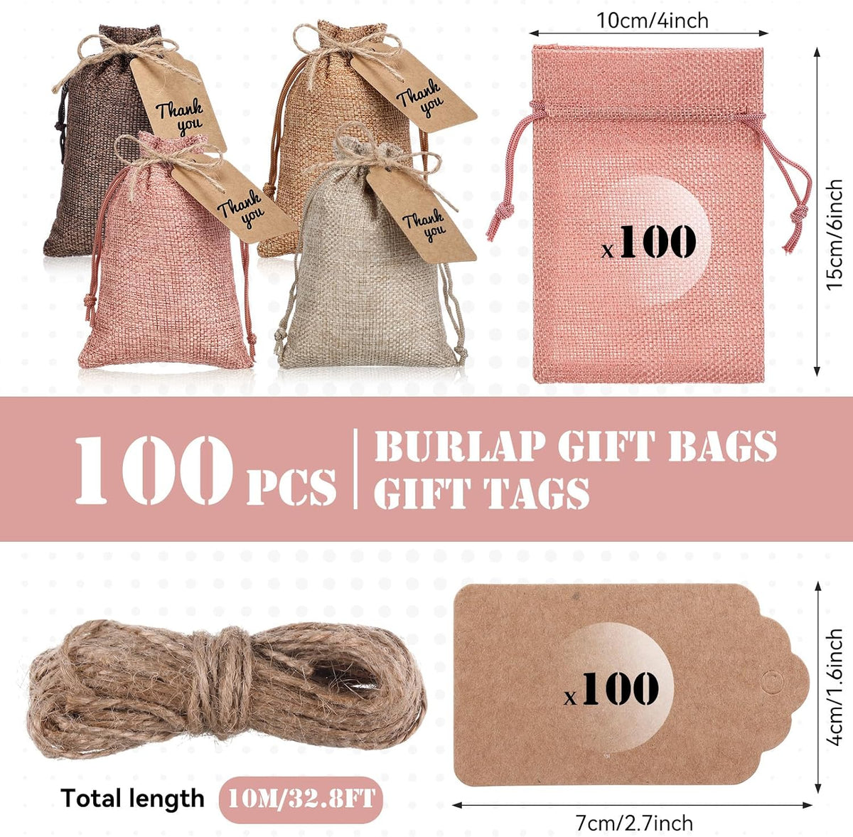 woanger 100 pcs drawstring burlap gift bags 4x6'', close-up detail