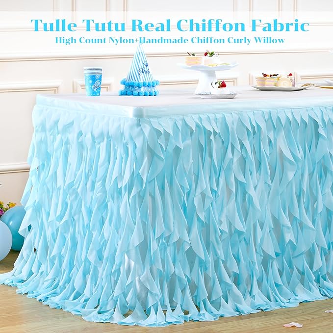 PARTISKY Aqua Blue Tulle Curly Willow Table Skirt for Rectangle Table 9ft, Ruffle Tutu Table Cloth for Boys Baby Shower,Birthday Party Candy Cake Tables