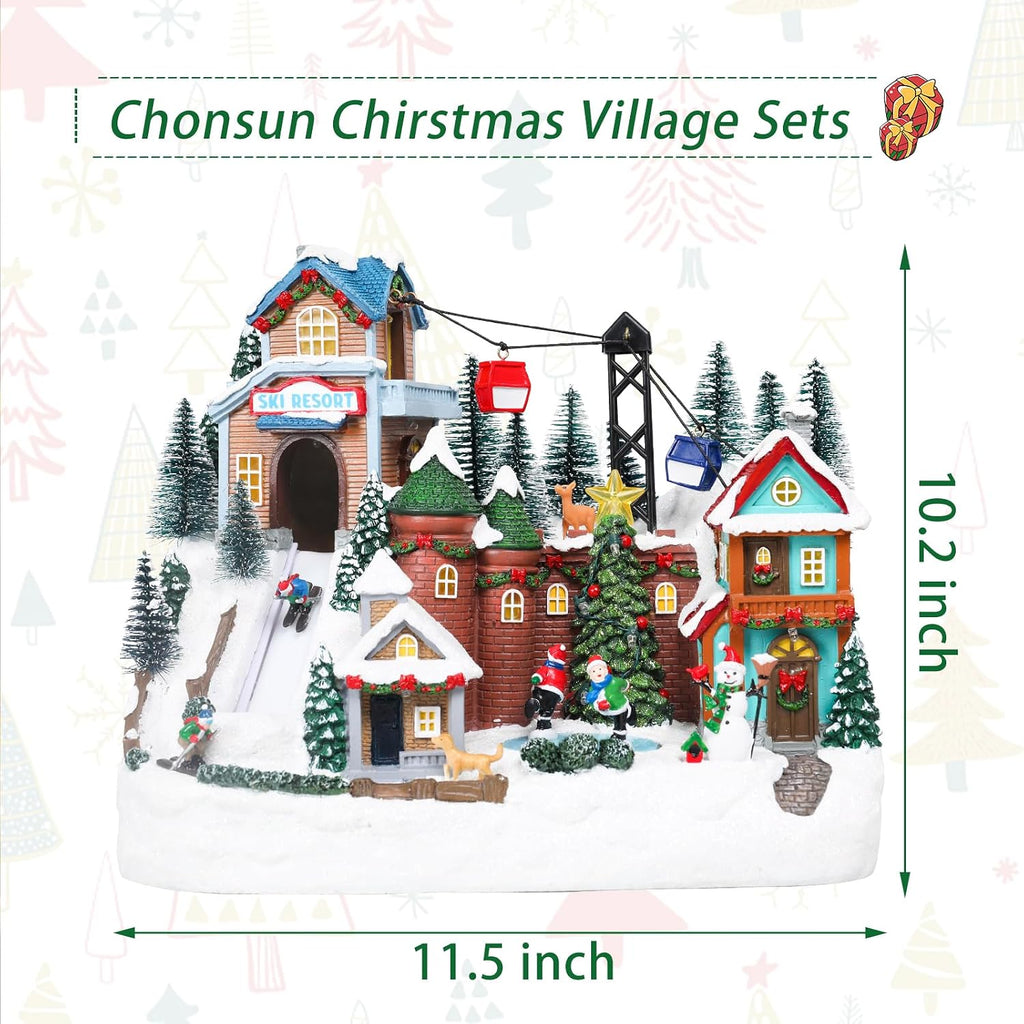 Christmas Village House 10.2 Inch Christmas Decorations Skiing Skating Cable Car Village People USB Holiday Music Town Indoor Lighted Houses for Room Tabletop Xmas Decor