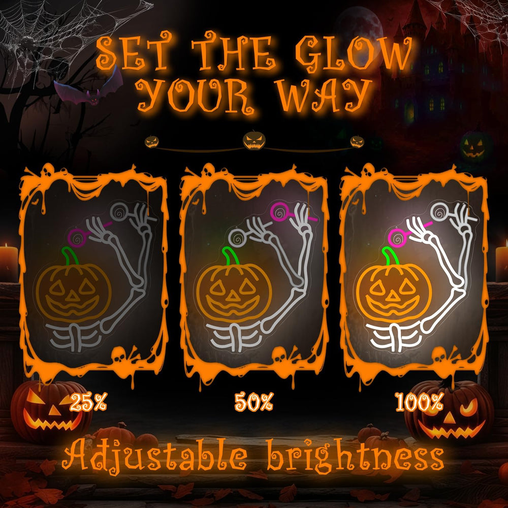 Waving Pumpkin Skull Halloween Neon Sign Skeleton LED Pumpkin with Lollipop