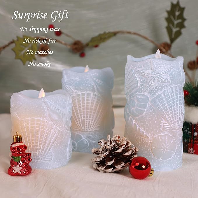 Silverstro Ocean Flameless Candles Remote Carved Seashell Real Wax Flicker Battery Operated Candles for Home Party Wedding Nautical Thanksgiving Christmas Easter Decor - Set of 3(Blue)