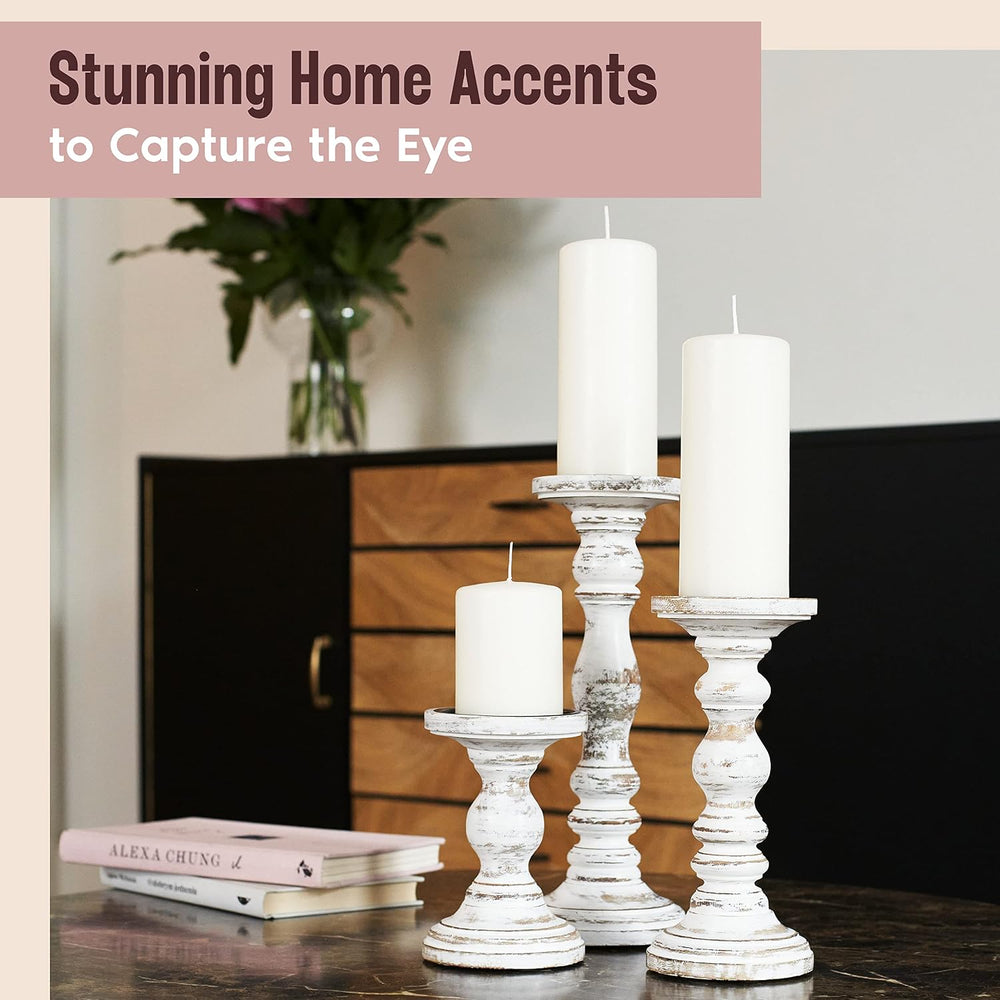 Wooden Pillar Candle Holder, Farmhouse Fireplace Mantel Decor, Rustic White