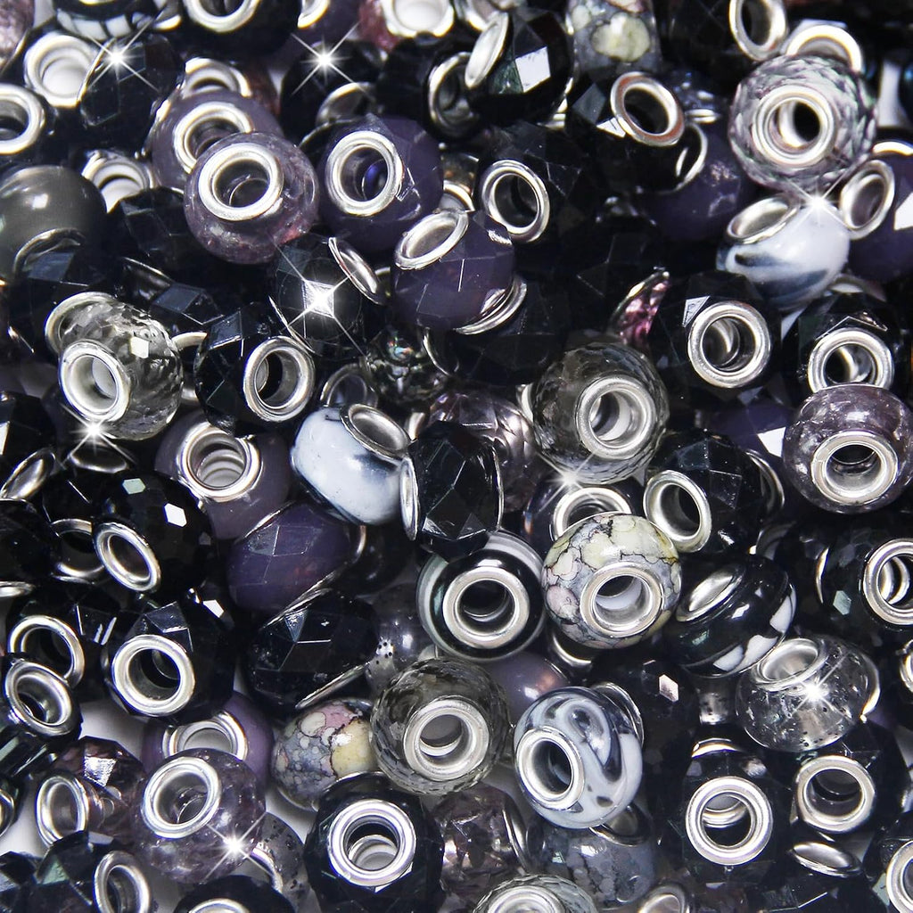 500 Pieces Large Hole Beads, Assorted European Craft Beads Black Big Hole Fairy Wands Garden Beads Large Hole Lampwork Spacer Beads for DIY Pens Charms Bracelet Necklace Jewelry Making Supplies