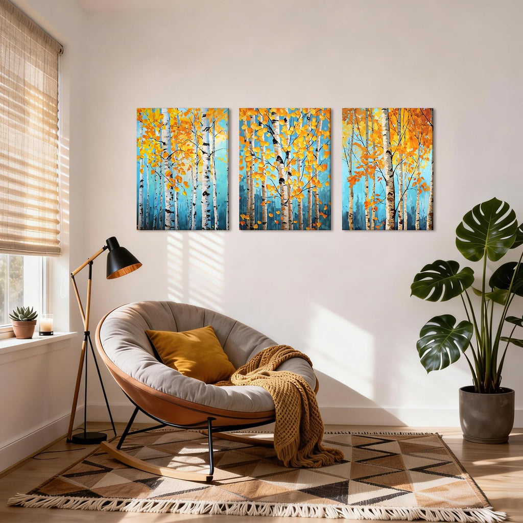 eeynaqq birch tree wall art, 3-piece teal blue, side view