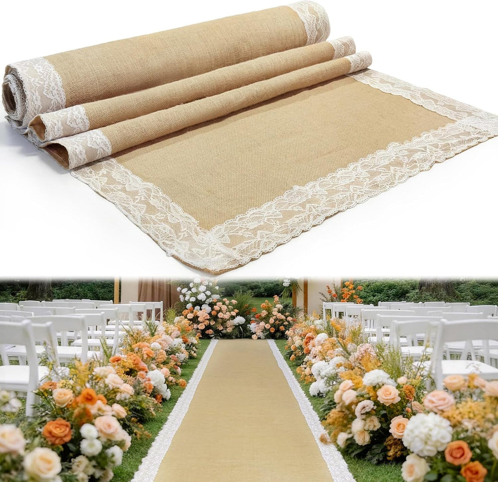 3 ft x 20 ft Burlap Aisle Runner for Wedding,Wedding Walkway Runner with Lace...