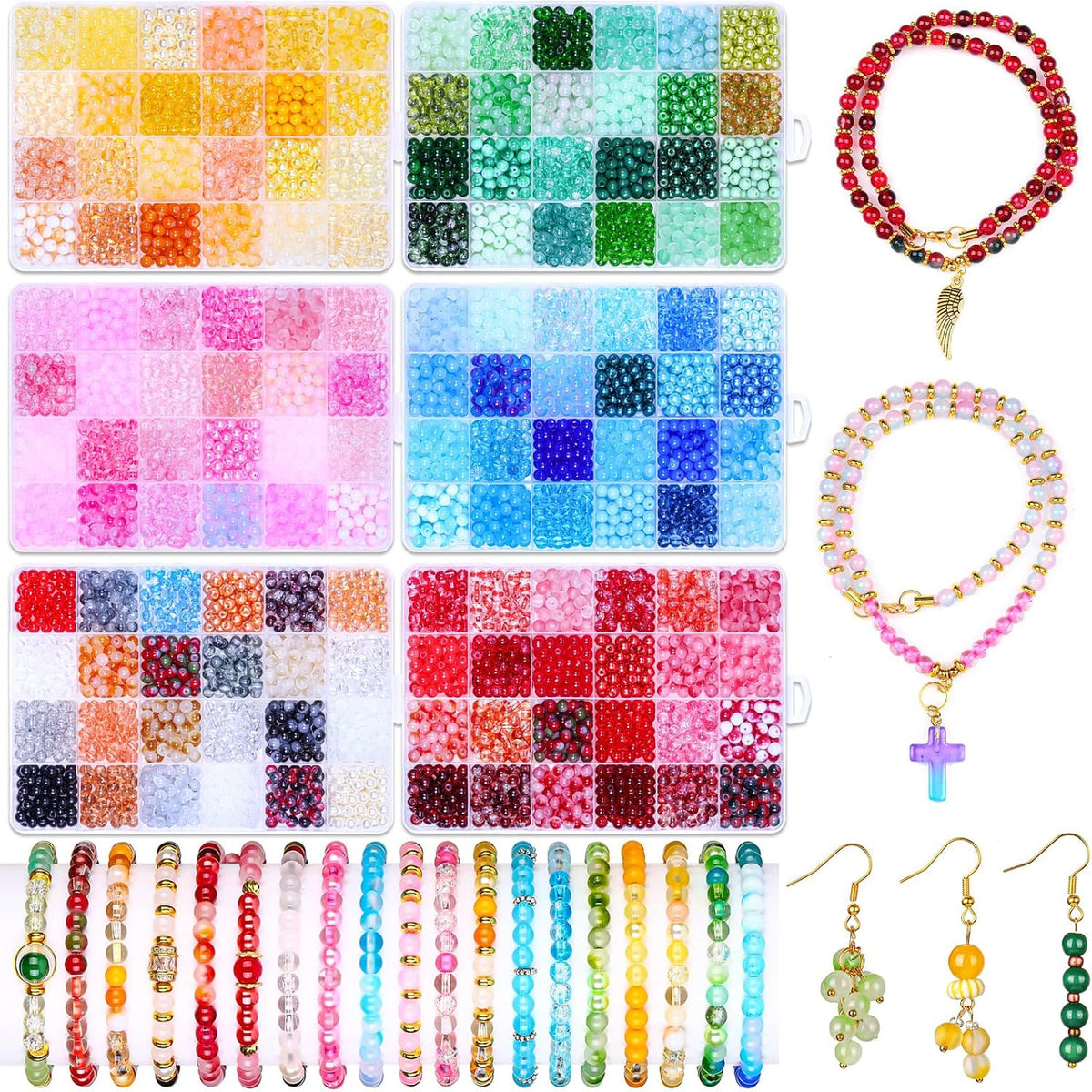 6mm Glass Beads Bracelet Making Kit, 144 Colors Crystal Glass Beads Set with 6 Storage Boxes, DIY Jewelry Beading Supplies for Necklaces, Keychains, Friendship Bracelet Gifts
