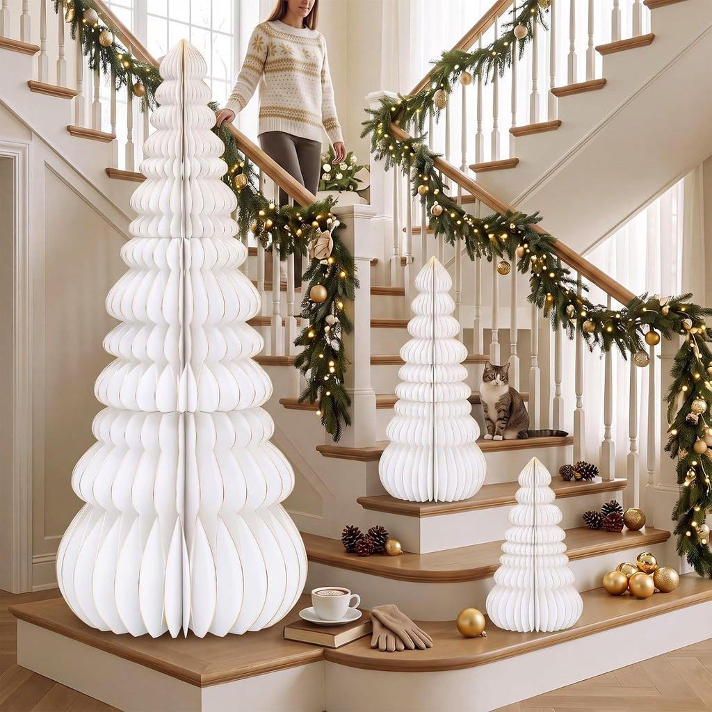 GlikCeil 3 Set Large Honeycomb Paper Christmas Tree Tall, White