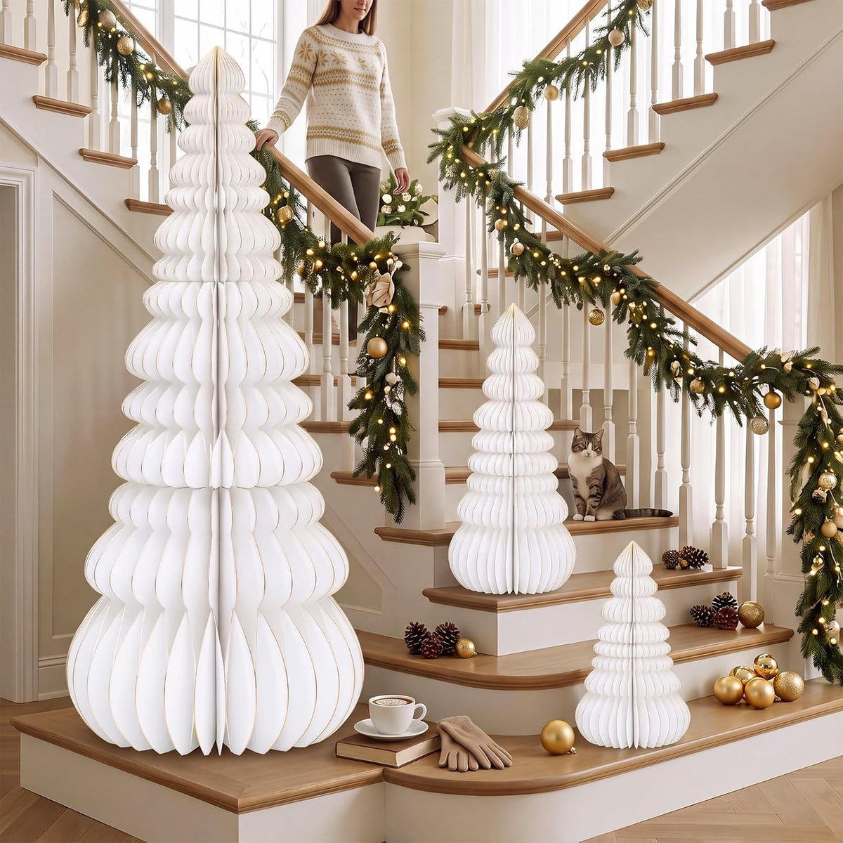 GlikCeil 3 Set Large Honeycomb Paper Christmas Tree Tall, White