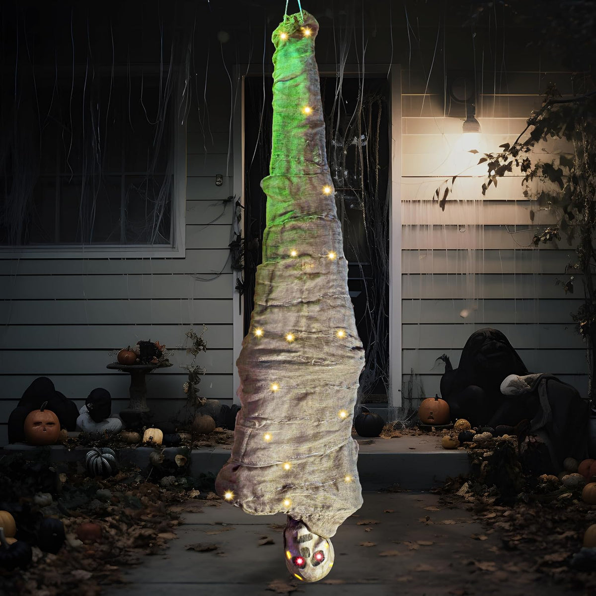 JOYIN 65" Halloween Decoration Cocoon Corpse, Animated Hanging Dead Body Prop Indoor Decor, Corpses Skeleton Outdoor Decor with Full Body Lights and LED Eyes & Spooky Sound for Yard, Haunted House
