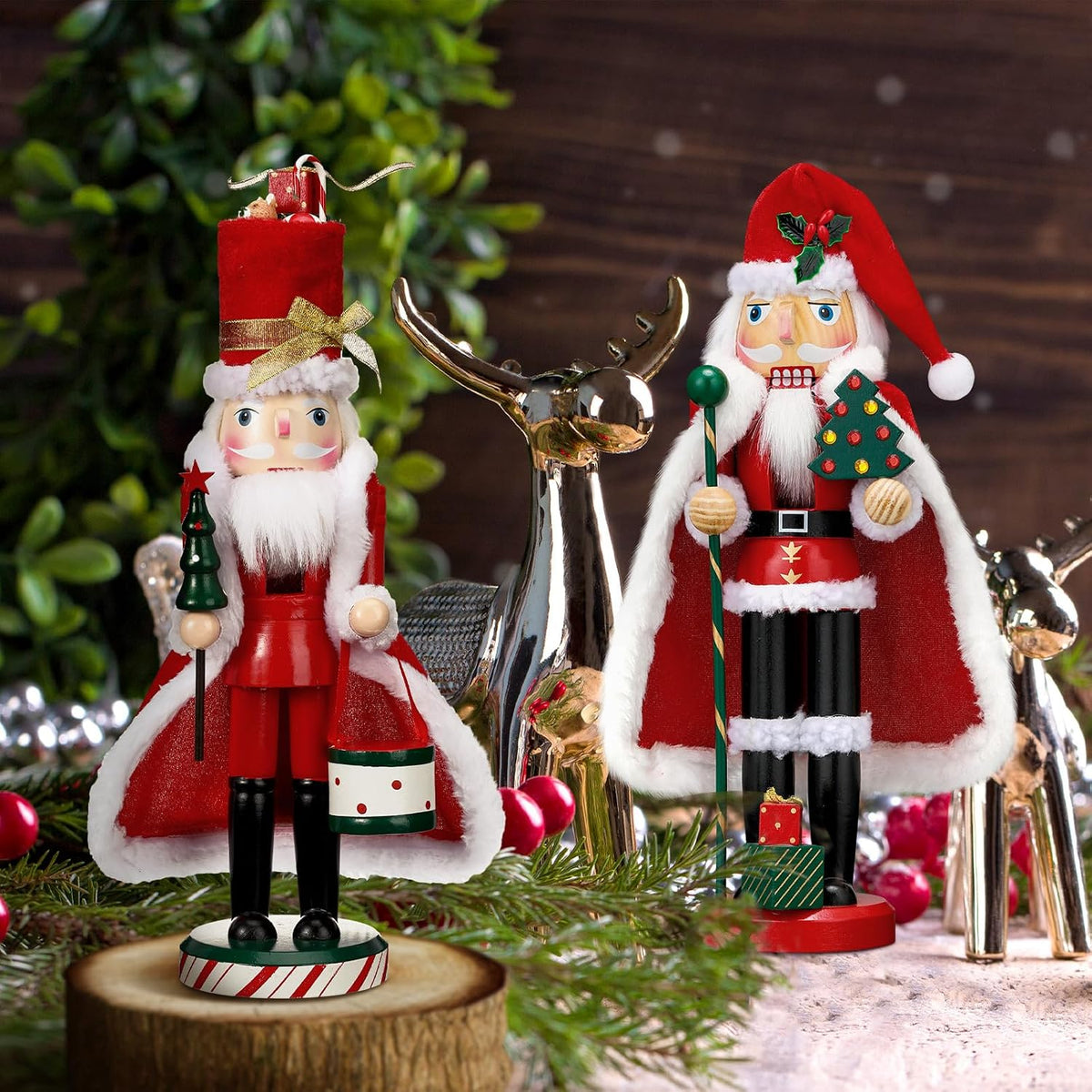 Soaoo 2 Pcs 14" Christmas Nutcrackers, Wooden Red Green White Santa Figures