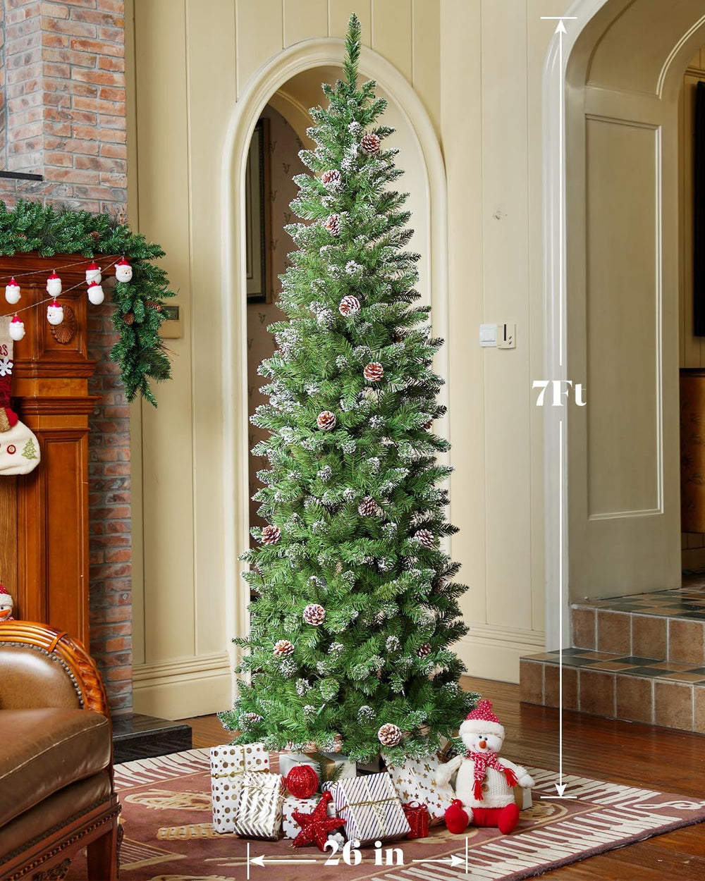 OasisCraft 7ft Snow Pencil Christmas Tree, Pre-lit Artificial Slim Christmas ...