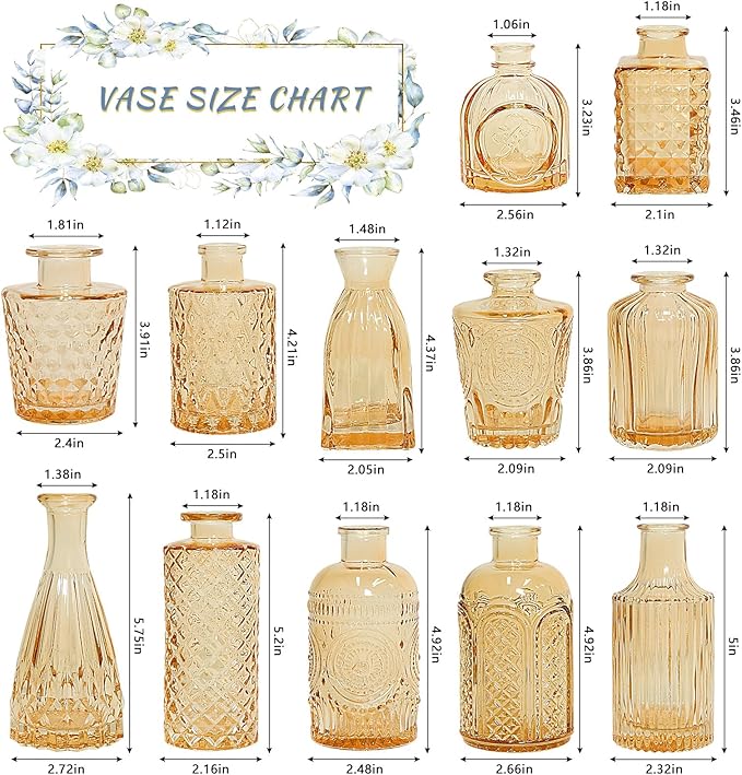 12pcs Glass Bud Vase Set, Small Gold Amber Flower Vases for Centerpieces in Bulk, Mini Vintage Vase for Wedding, Home,Table Decoration