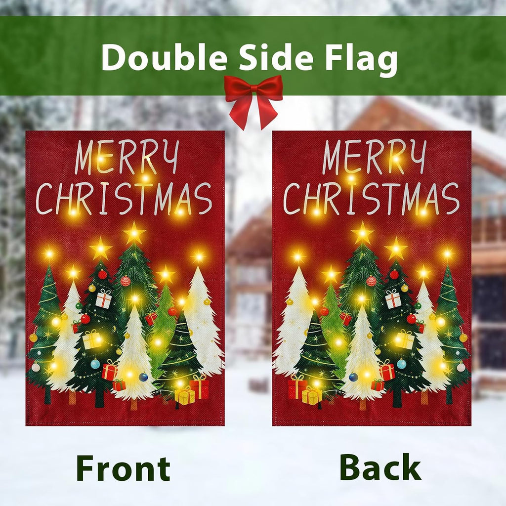 lighted christmas garden flag for outside, xmas tree showing dimensions