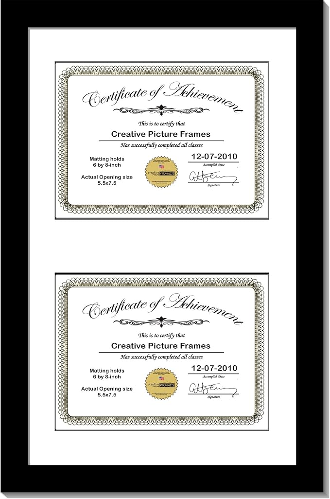 Creative Picture Frames 10X16Bk-W Black Vertical Double Diploma Frame With 2 Opening White Matting | Holds 2-6X8-Inch Documents With Installed Wall Hanger