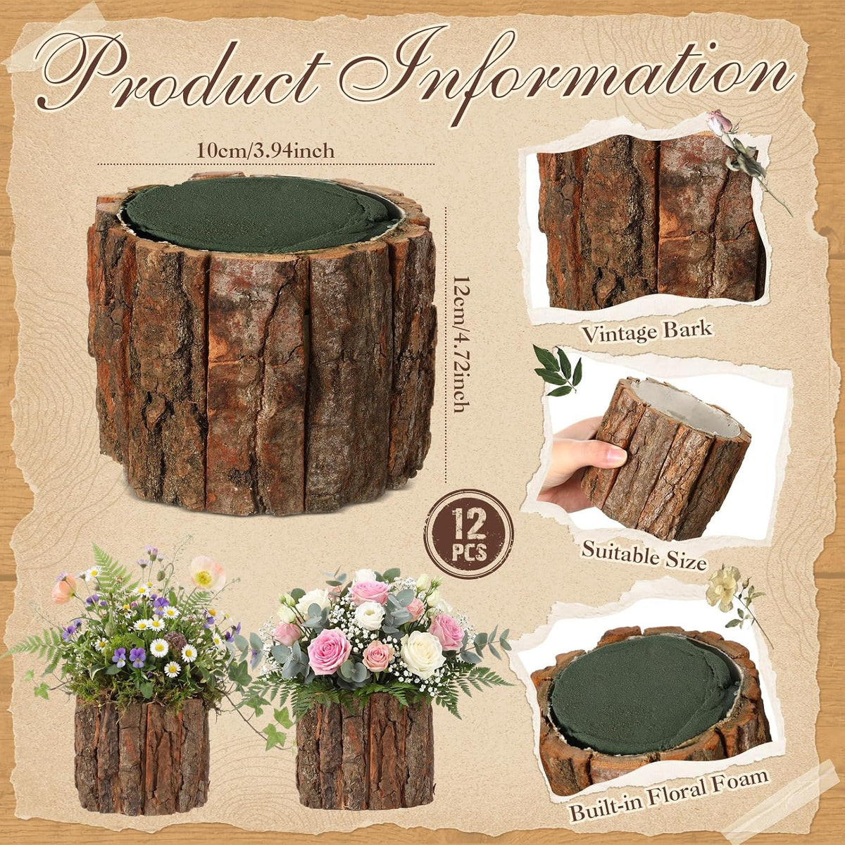 12 set wooden vases for centerpieces, flower foam shown in use