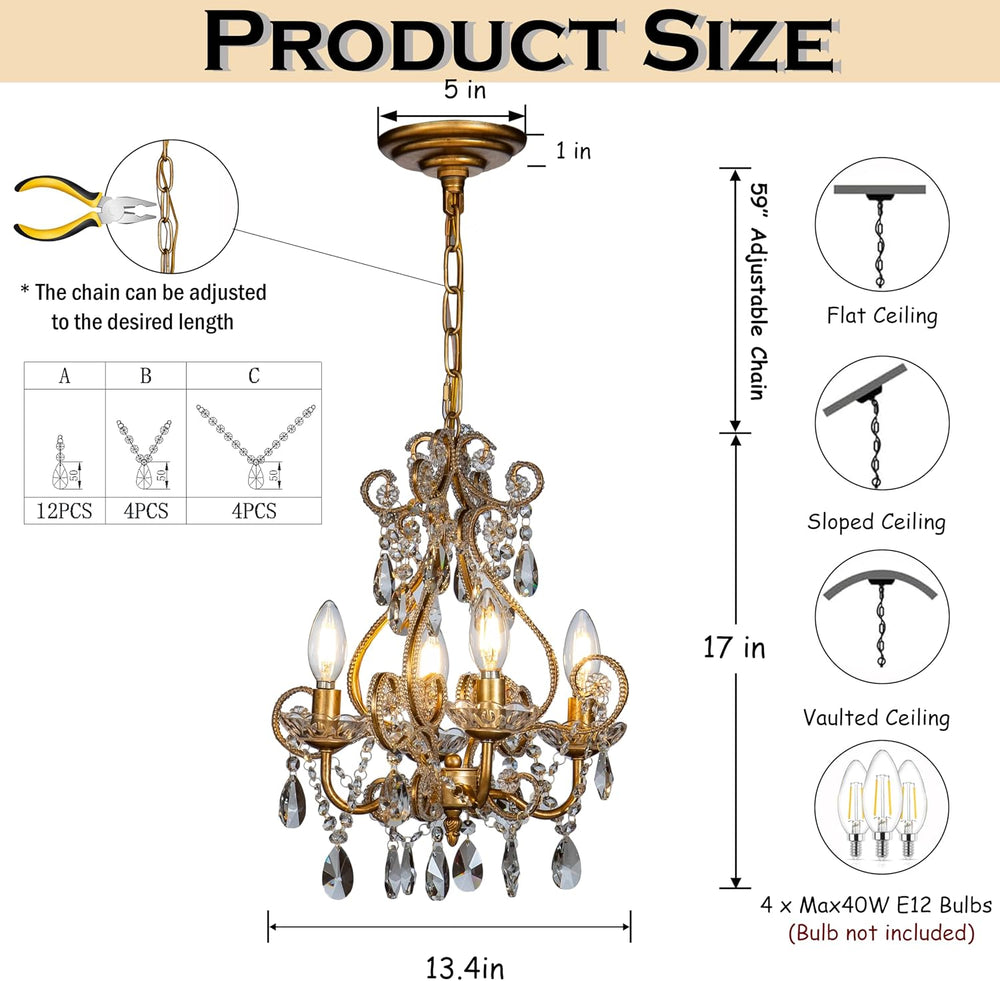 4-Light W14 in. French Country Chandelier Antique Gold Small Crystal Chandeli...