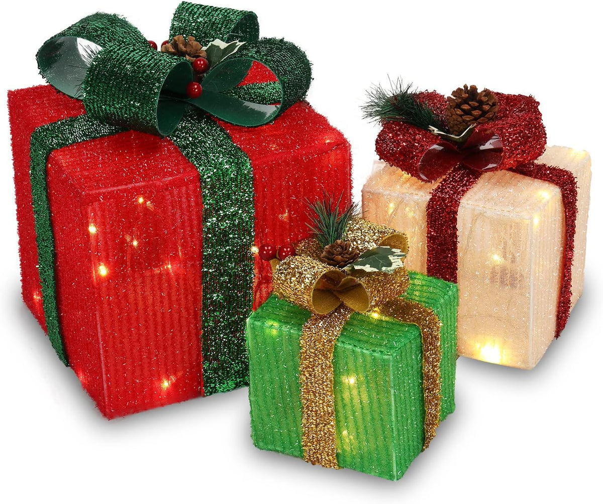 VINGLI Christmas Lighted Gift Boxes Set of 3, Weather Proof Present Boxes Ornament Home Decor Pre-lit 60 LED Lights Pre-Secured Bowknot for Indoor Outdoor Holiday Decorations