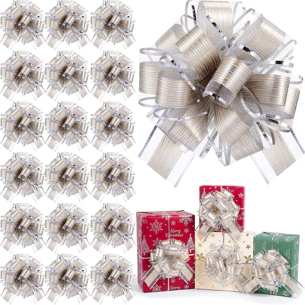 48 Pcs 6 Inch Xmas Pull Bows for Gift Wrapping, Silver