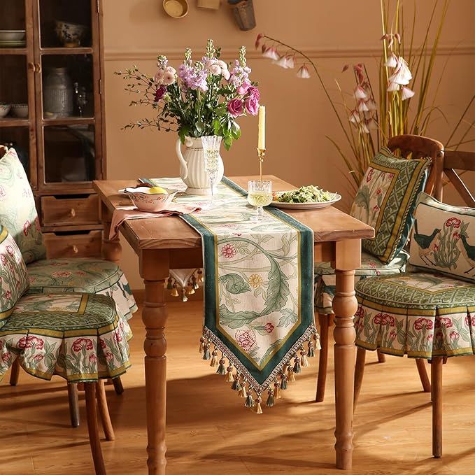 patdrea Designer Green Floral Extra Long Table Runner,French Elegant Vibrant Rustic Linen with Green Leaves Patterns Fabric Table Mat,Decoration for Kitchen Dining Room Banquet Christmas,12"*118"