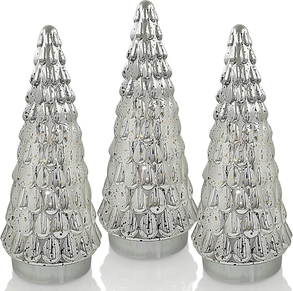 Silver Tabletop Christmas Tree 3pcs, Small Mercury Glass Christmas Trees with Light, Battery Operated Mini Xmas Tree for Fireplace Bathroom Decor 10"