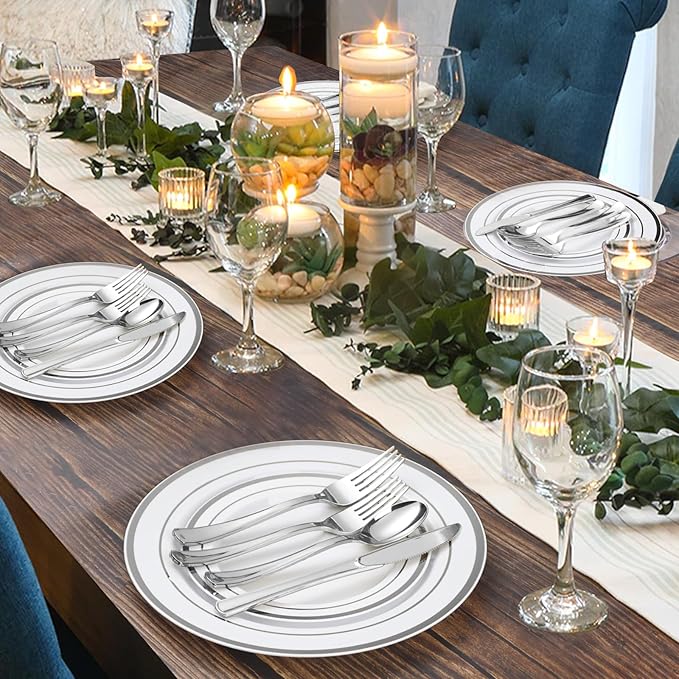 600PCS Silver Plastic Plate Set (100 Guests), Disposable Plates for Party Wedding Birthday, Dinnerware Set of 200 Plastic Plates, 200 Forks, 100 Spoons, 100 Knives for Christmas